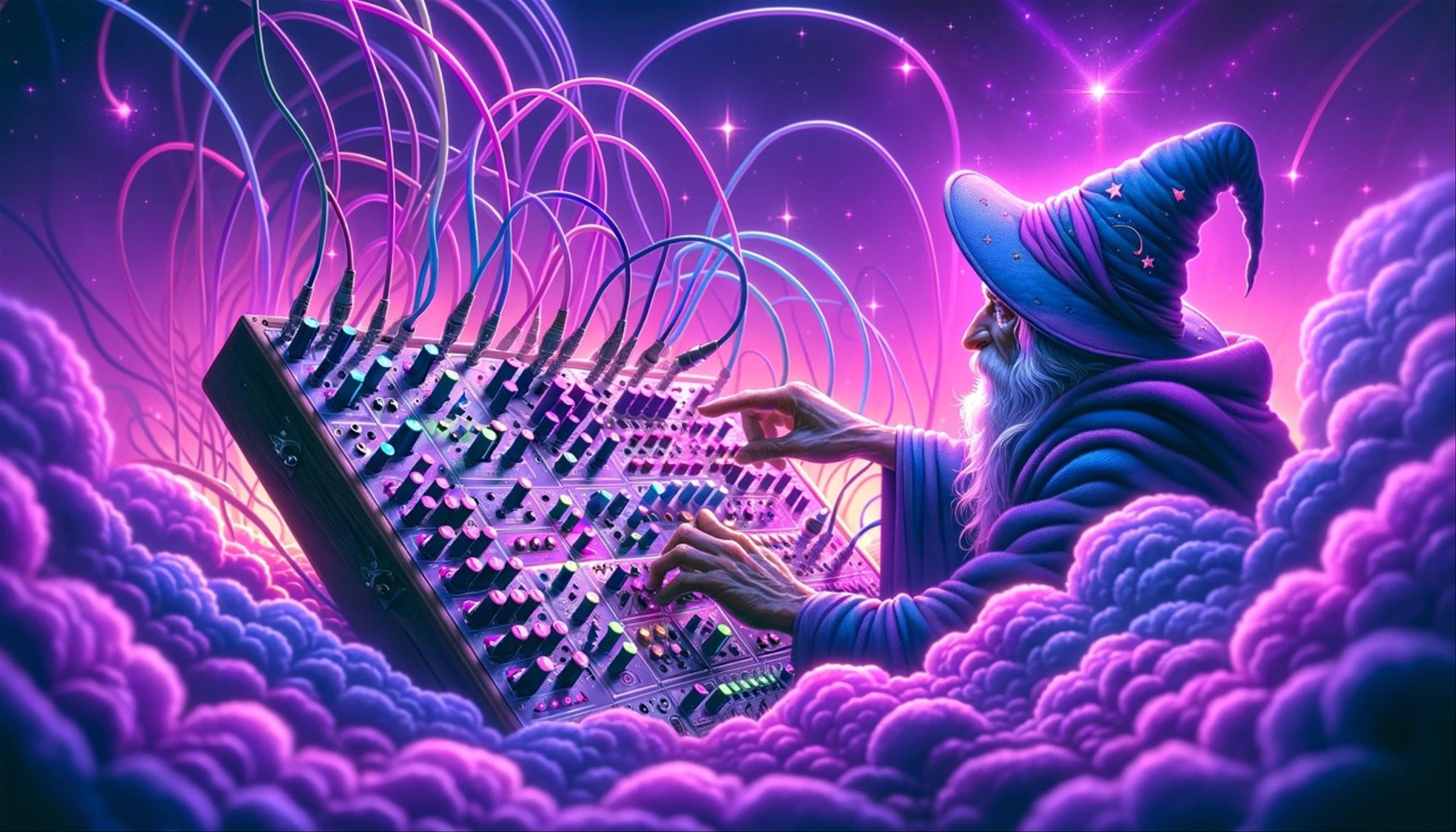 Synthesizer Wizard floating in a purple cloud, thoughfully tweaking knobs on a large modular synthesizer.